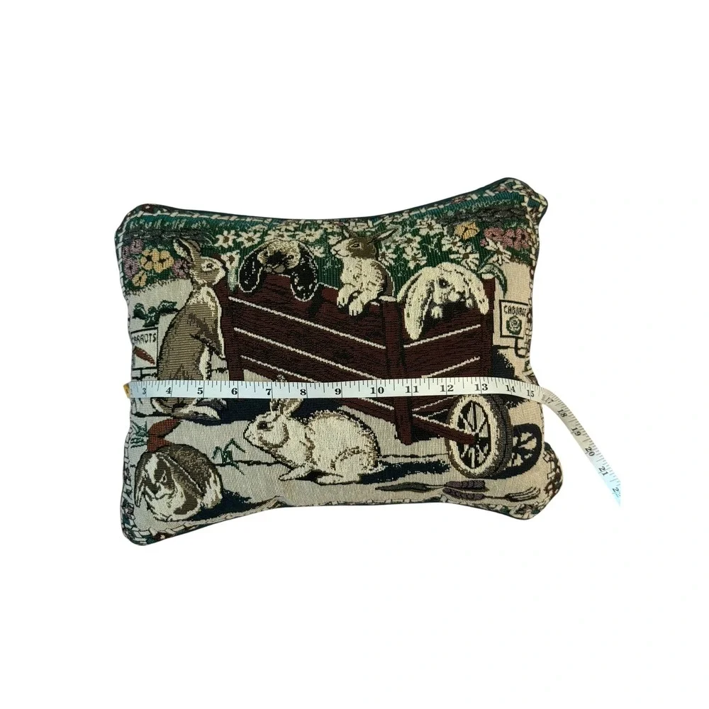Vintage Bunny Rabbit Woven Tapestry Throw Pillow Cottagecore Farmhouse Decor